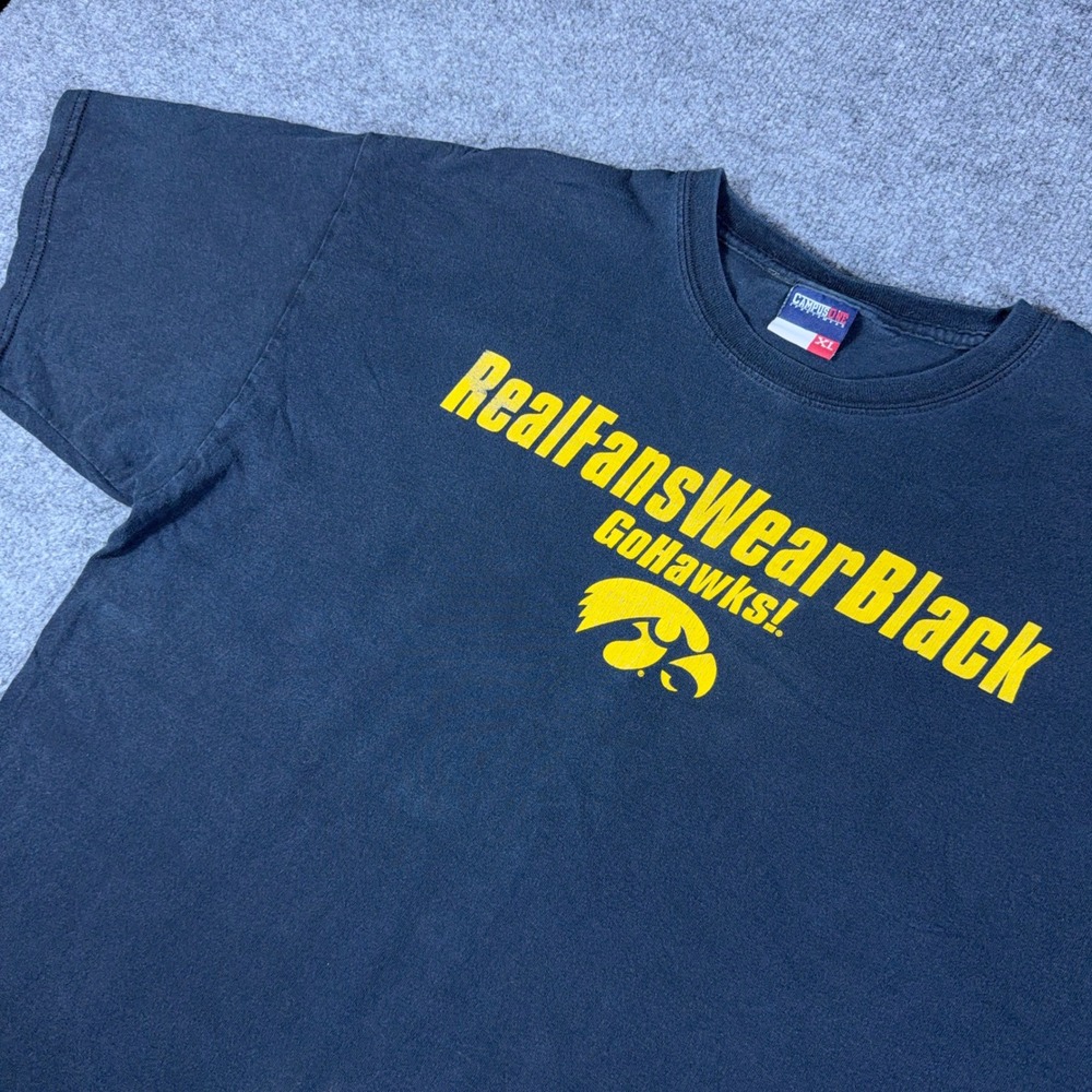 Campus One Iowa Hawkeyes Real Fans Wear Black T-Shirt Mens XL Go Hawks Logo Tee